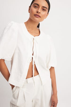 Linen Balloon Sleeve Tie Detail Blouse