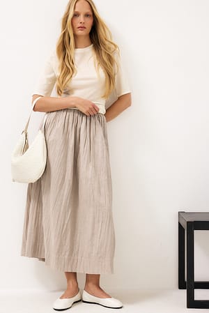 Beige Linen Blend Crinkle Midi Skirt