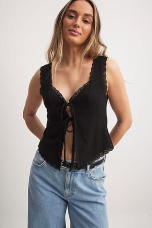 Black Linen Blend Lace Edge Top