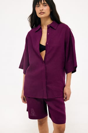Fuchsia Pink Kurzarm-Hemd aus Leinen