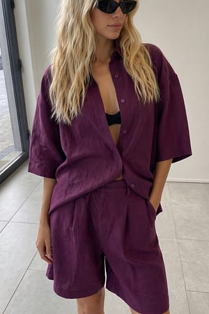 Fuchsia Pink Overhemd van linnen met korte mouwen