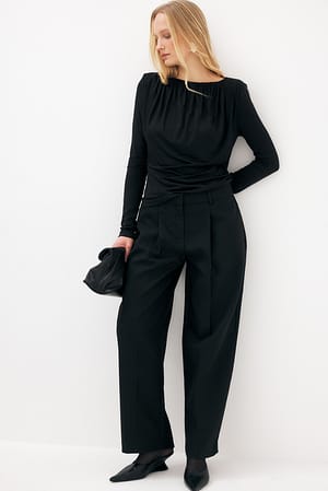 Black Long Barrel Leg Twill Pants