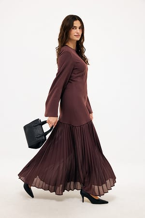 Dark Plum Long Sleeve Asymmetric Plisse Skirt Maxi Dress