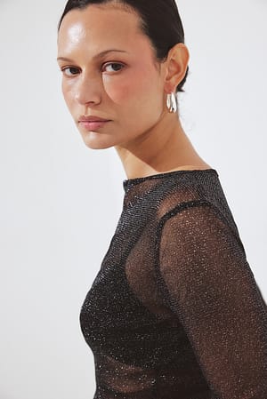 Black Long Sleeve Glitter Mesh Top