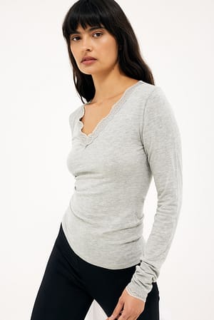 Grey Melange Long Sleeve Lace Insert Jersey Top