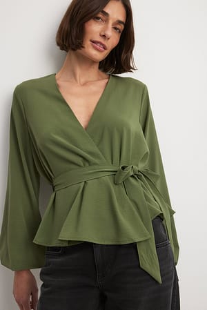 Long Sleeve Overlap Tie Blouse