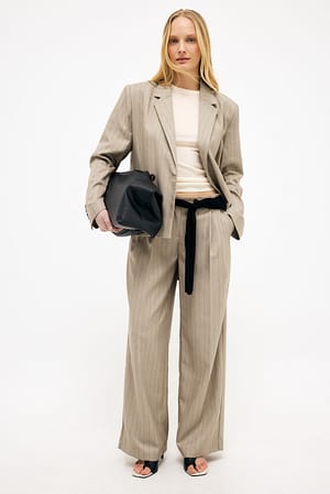Beige Melange Lage wijde broek met krijtstreep