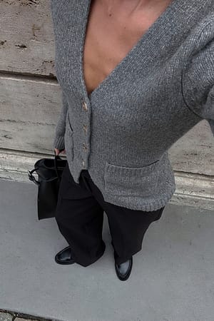Mid Grey Mel Figursydd strikket cardigan i ullblanding