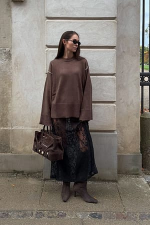 Brown Oversized Stitch Detailed Knitted Sweater