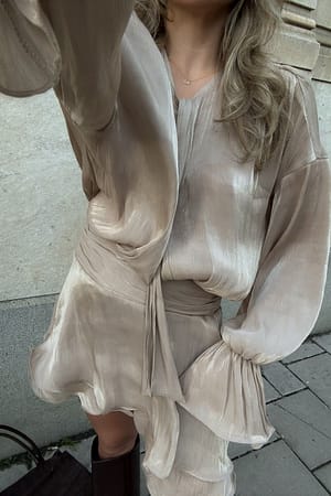 Beige Ruched Waist Ruffle Mini Dress