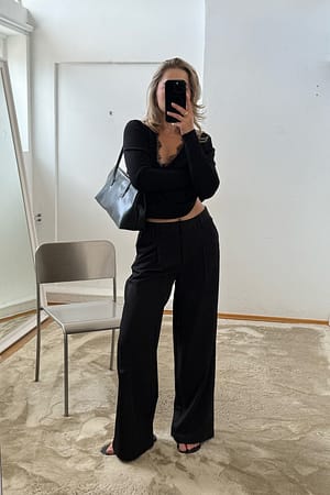 Black Mid Waist Wide Leg Pants