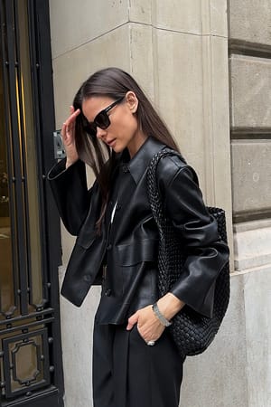 Black Button Detail Short Faux Leather Jacket