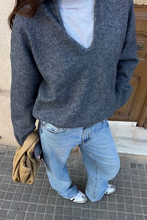 Mid Greymelange Oversize-Strickpullover mit Kragen