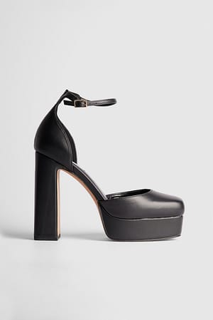 Black Ankle Strap Plateau Pumps