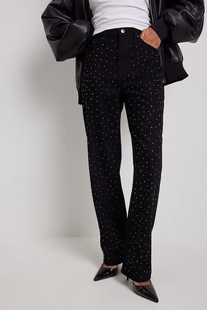 Black Embellished Straight Leg Denim
