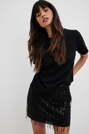 Black Fringe Sequin Mini Skirt