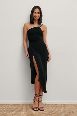 Black Gerecycleerde midi-jurk met ingerimpelde taille