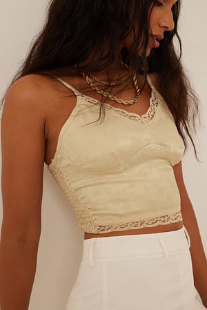 Beige Lace Detail Satin Top
