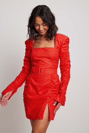 Linen Gathered Sleeves Mini Dress