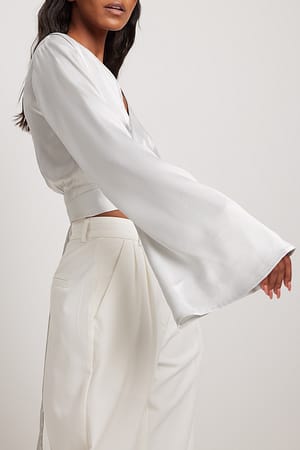 Overlap Front Trumpet Sleeve Satin Blouse