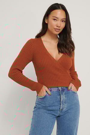 Ribbed Knitted Overlap Sweater