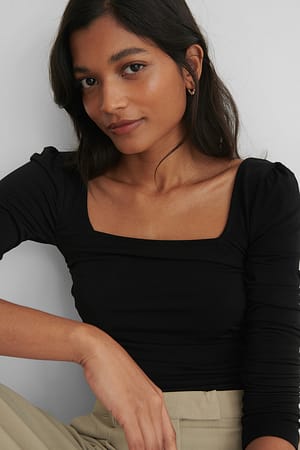 Black Rouched Square Neck Top
