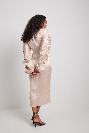 Beige Ruched Satin Midi Dress