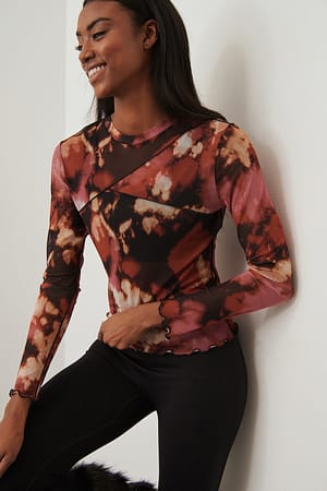Pink Print Seam Detailed Mesh Top