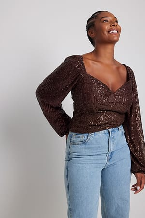 Brown Sequin Heart Neckline Top