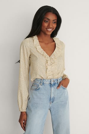 V-neck Frill LS Blouse