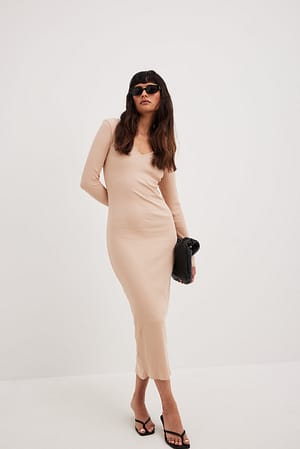 V-Neck Ribbed Midi Dress