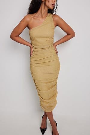 Beige Drapiertes One-Shoulder-Midikleid mit Glitzer