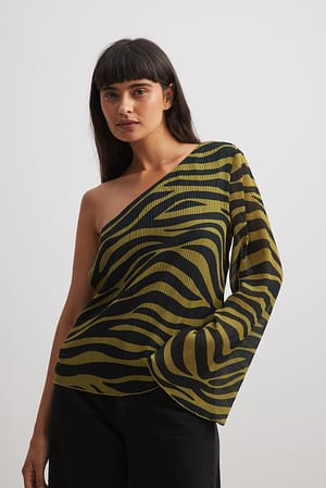 Blue Zebra Plisse blouse met lange mouwen en one-shoulder