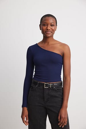 Navy One Shoulder Rib Top