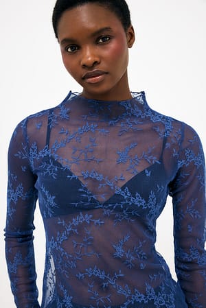 Blue Long Sleeve Lace Top
