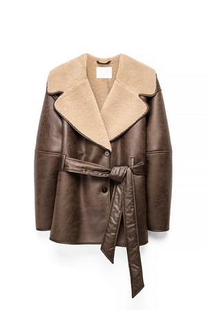 Brown Oversized Belted Bonded Jacket