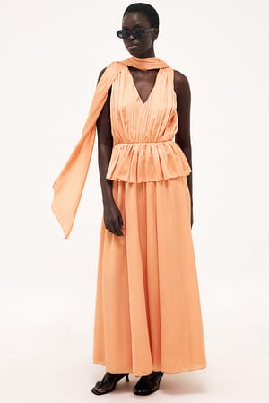 Peach Plunge Neckline Scarf Maxi Dress