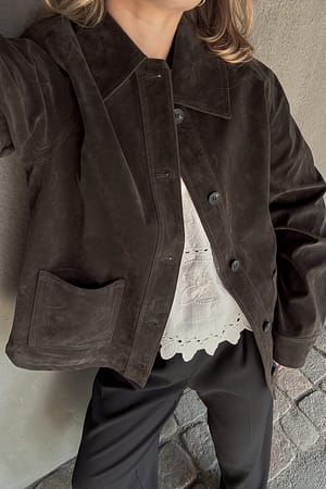 Dark Brown Pocket Detail Faux Suede Jacket