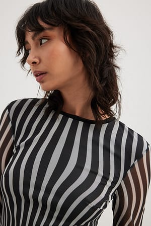 Stripe Print Top de tul estampado de manga larga