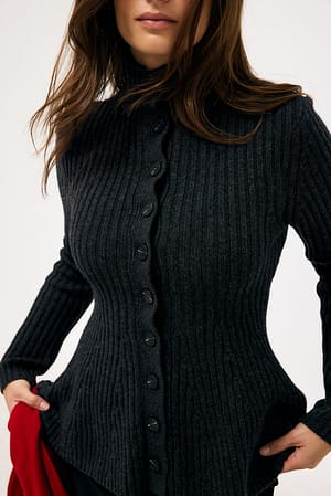 Dark Grey Rib Knitted Peplum Cardigan