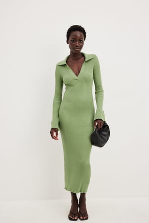 Light Green Rib Knitted Trumpet Sleeve Dress