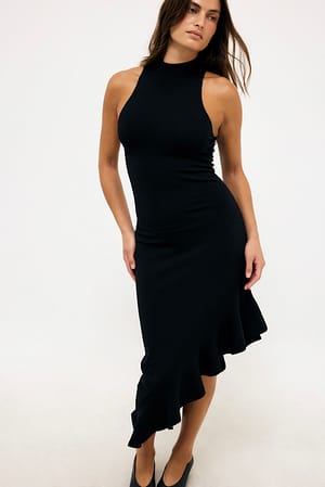 Black Ribbed flounce knitted dress