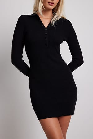 Black Ribgebreide mini-jurk met knoopdetail
