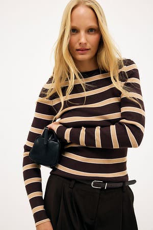 Brown Stripe Ribbed Knitted Round Neck Top