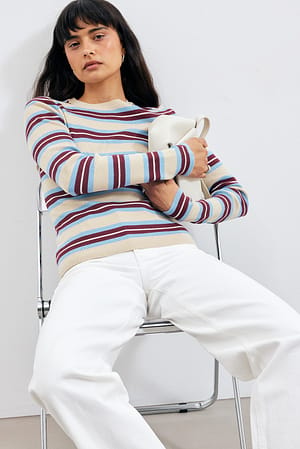 Beige Stripe Ribbed Knitted Round Neck Top