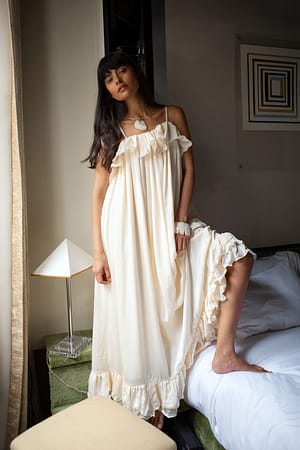 Cream Ruffle Volume Maxi Dress