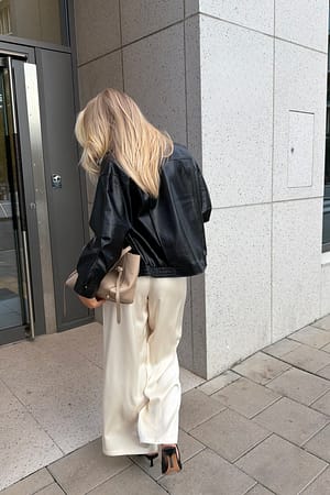 Cream Elastic Waist Mid Rise Satin Pants