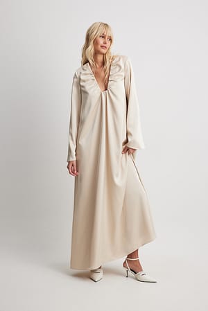 Satin Gathered Neckline Maxi Dress