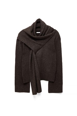 Dark Brown Scarf Detail Knitted Sweater