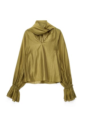 Green Scarf Detail Ruffle Blouse